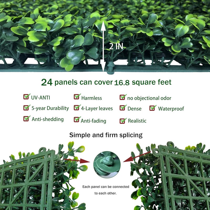 ODTORY Artificial Grass Wall Backdrop Panels: 10 by 10 in (24 Pcs) UV-Anti Greenery Boxwood Panels for Indoor Outdoor Green Wall Decor & Ivy Fence Covering Privacy - Image 3